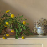 A still life painting by a Duluth MN artist features dandelions in two pots on a mantel. The left pot holds vibrant yellow blooms with green leaves, while the right displays spherical seed heads against a neutral beige background.