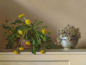 A still life painting by a Duluth MN artist features dandelions in two pots on a mantel. The left pot holds vibrant yellow blooms with green leaves, while the right displays spherical seed heads against a neutral beige background.