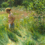This painting, crafted by a talented Duluth MN artist, portrays a woman with light-colored hair strolling through a vibrant, sunlit field of green and flowering plants. She wears a pink and white outfit, surrounded by lush vegetation and soft, dappled sunlight.