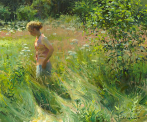 This painting, crafted by a talented Duluth MN artist, portrays a woman with light-colored hair strolling through a vibrant, sunlit field of green and flowering plants. She wears a pink and white outfit, surrounded by lush vegetation and soft, dappled sunlight.