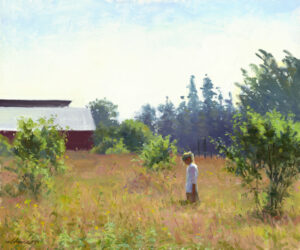 A painting by a Duluth MN artist captures a person in a white shirt standing in a sunlit field, surrounded by lush greenery. A large red barn with a silver roof stands prominently, under the expansive clear sky. The scene evokes a sense of peace and rural tranquility.