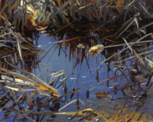 A vibrant painting by a Duluth MN artist captures a serene pond scene with reflections of reeds and grasses in the blue water. The foliage is painted with dynamic, expressive brushstrokes, infusing movement and energy into the composition.