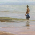 A person wearing blue shorts stands waist-deep in calm ocean water, facing away. The sky and water blend in soft, muted tones, crafted by a talented Duluth MN artist, suggesting a serene, reflective moment. The artist's signature is visible in the bottom left corner.