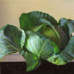 A realistic painting by a Duluth MN artist features a large cabbage with lush green leaves, placed on a dark wooden surface, against a beige background. The lighting skillfully highlights the textures and layers of the cabbage leaves, showcasing the artist's attention to detail.