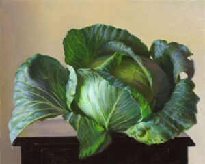 A realistic painting by a Duluth MN artist features a large cabbage with lush green leaves, placed on a dark wooden surface, against a beige background. The lighting skillfully highlights the textures and layers of the cabbage leaves, showcasing the artist's attention to detail.