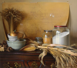 A still life by a Duluth MN artist showcases a wooden table holding a bundle of wheat, corn cobs, jars of flour and corn kernels, a stack of bowls with a gold-colored apple, and a blueprint in the background.