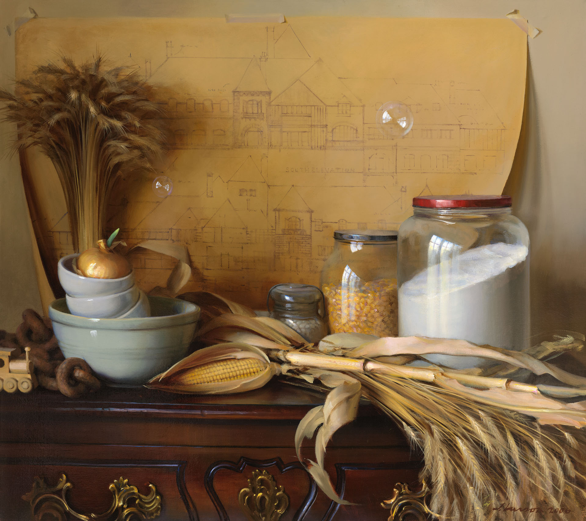 A still life by a Duluth MN artist showcases a wooden table holding a bundle of wheat, corn cobs, jars of flour and corn kernels, a stack of bowls with a gold-colored apple, and a blueprint in the background.