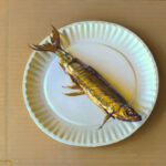 A realistic painting by a Duluth MN artist depicts a single fish on a white paper plate, set against a plain beige background. The fish appears golden and shiny, positioned diagonally on the plate.
