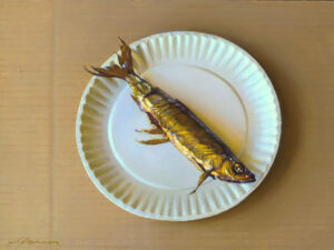 A realistic painting by a Duluth MN artist depicts a single fish on a white paper plate, set against a plain beige background. The fish appears golden and shiny, positioned diagonally on the plate.