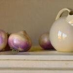 A realistic still life painting by a talented Duluth MN artist, featuring five round turnips with purple and white hues, arranged next to a beige ceramic pitcher on a ledge against a neutral background.