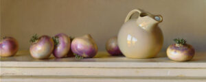A realistic still life painting by a talented Duluth MN artist, featuring five round turnips with purple and white hues, arranged next to a beige ceramic pitcher on a ledge against a neutral background.