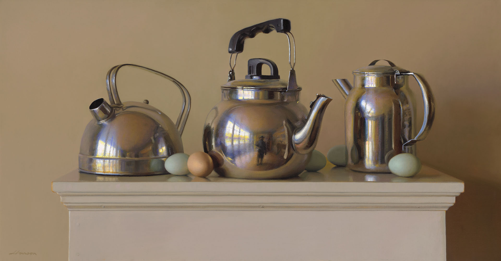 A still life by a Duluth MN artist showcases three metallic kettles on a pedestal. Scattered around the kettles are three green eggs and one brown egg, creating a reflective interplay of light and color against the smooth surfaces.