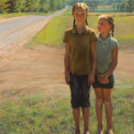 A painting by a Duluth MN artist captures two young girls standing barefoot beside a rural road. One wears a green shirt, the other blue, in a sunlit landscape with grass and trees in the background.