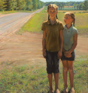 A painting by a Duluth MN artist captures two young girls standing barefoot beside a rural road. One wears a green shirt, the other blue, in a sunlit landscape with grass and trees in the background.
