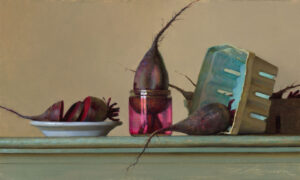A still life painting by a Duluth MN artist: whole beets with stalks, a beet in a glass jar, and sliced beets on a plate are artfully arranged beside an empty cardboard produce basket on a light green surface against a beige background.