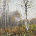 A serene autumn forest scene painted by a Duluth MN artist, featuring tall birch trees with white bark and sparse yellow leaves. The ground is covered with brown and green foliage, creating a tranquil atmosphere under a cloudy sky.