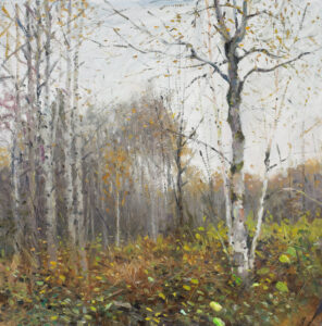 A serene autumn forest scene painted by a Duluth MN artist, featuring tall birch trees with white bark and sparse yellow leaves. The ground is covered with brown and green foliage, creating a tranquil atmosphere under a cloudy sky.
