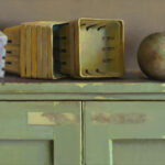 A still life painting by a Duluth MN artist captures four empty, stacked berry baskets and a scuffed, round ball on a distressed green wooden shelf. The tan-colored baskets are arranged with one lying flat and three upright, all within a soft, muted color palette.