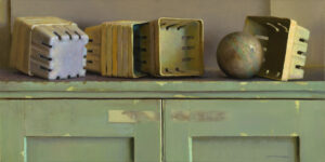 A still life painting by a Duluth MN artist captures four empty, stacked berry baskets and a scuffed, round ball on a distressed green wooden shelf. The tan-colored baskets are arranged with one lying flat and three upright, all within a soft, muted color palette.