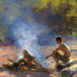 An impressionistic painting by a Duluth, MN artist depicts a person sitting by a small fire. Using a stick to tend the flames, the figure is enveloped in softly blended greens and browns, evoking an outdoor setting. Smoke rises into the air, merging with the vibrant colors.