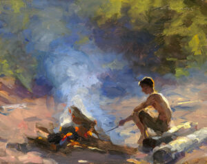 An impressionistic painting by a Duluth, MN artist depicts a person sitting by a small fire. Using a stick to tend the flames, the figure is enveloped in softly blended greens and browns, evoking an outdoor setting. Smoke rises into the air, merging with the vibrant colors.