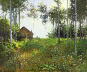 A serene landscape painting by a Duluth MN artist features a cabin nestled among tall trees. Sunlight filters through the leaves, illuminating a lush green meadow dotted with wildflowers. The scene conveys a peaceful, remote woodland setting.