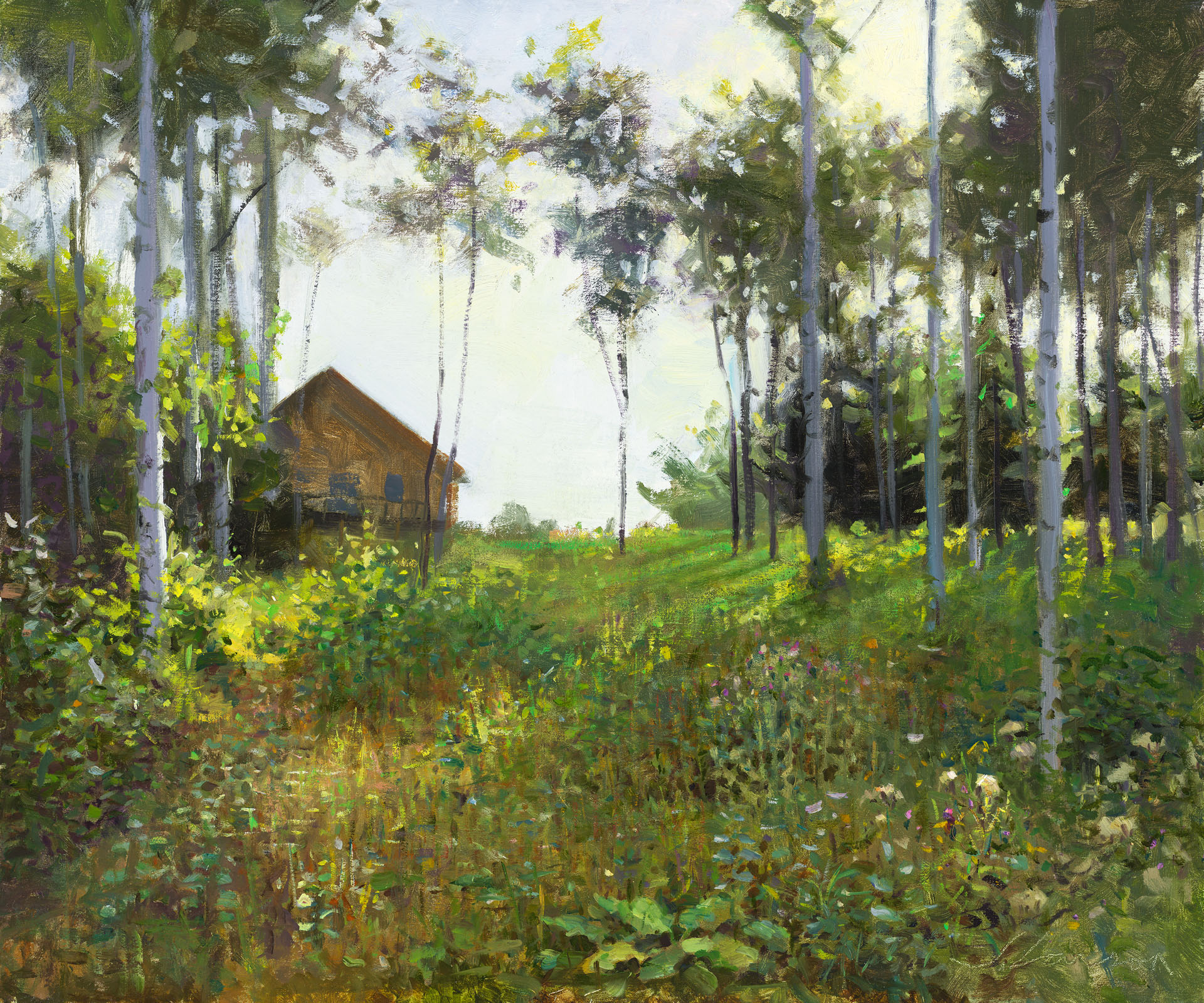A serene landscape painting by a Duluth MN artist features a cabin nestled among tall trees. Sunlight filters through the leaves, illuminating a lush green meadow dotted with wildflowers. The scene conveys a peaceful, remote woodland setting.