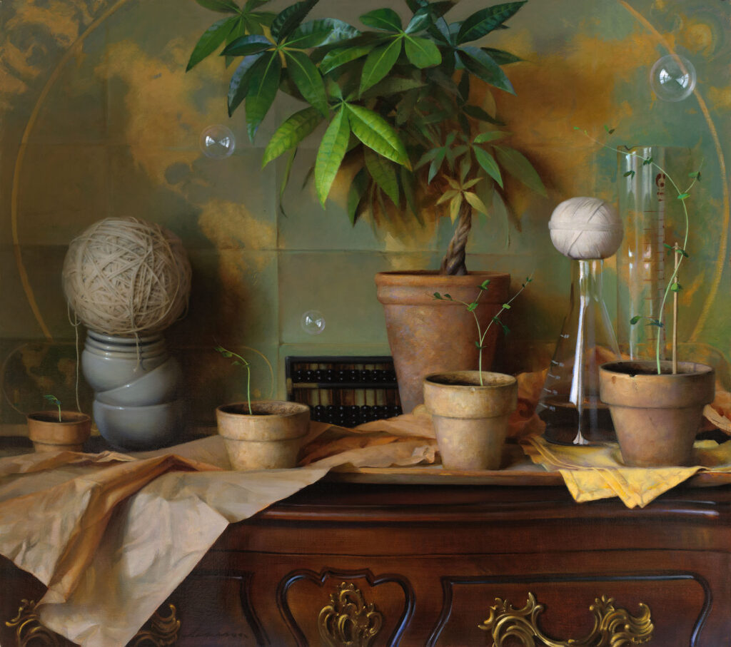 A still life by a Duluth MN artist showcases potted plants on an ornate wooden table. At its center is a large plant, flanked by smaller pots with young greenery. Yarn and glassware accent the earthy arrangement, all set against a warm, artistic backdrop.