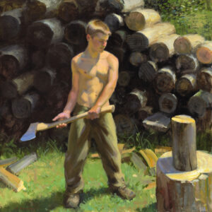 A shirtless person, resembling a Duluth, MN artist, stands in front of large piles of logs, holding an axe over a stump while preparing to chop wood. The scene is bathed in sunlight, highlighting the person’s muscular build and casting soft shadows on the ground.