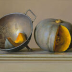 A painting by a Duluth MN artist features a sliced pumpkin, with one piece resting inside a star-patterned colander and the remainder beside it on a light-colored surface. The image exudes a warm, natural tone.