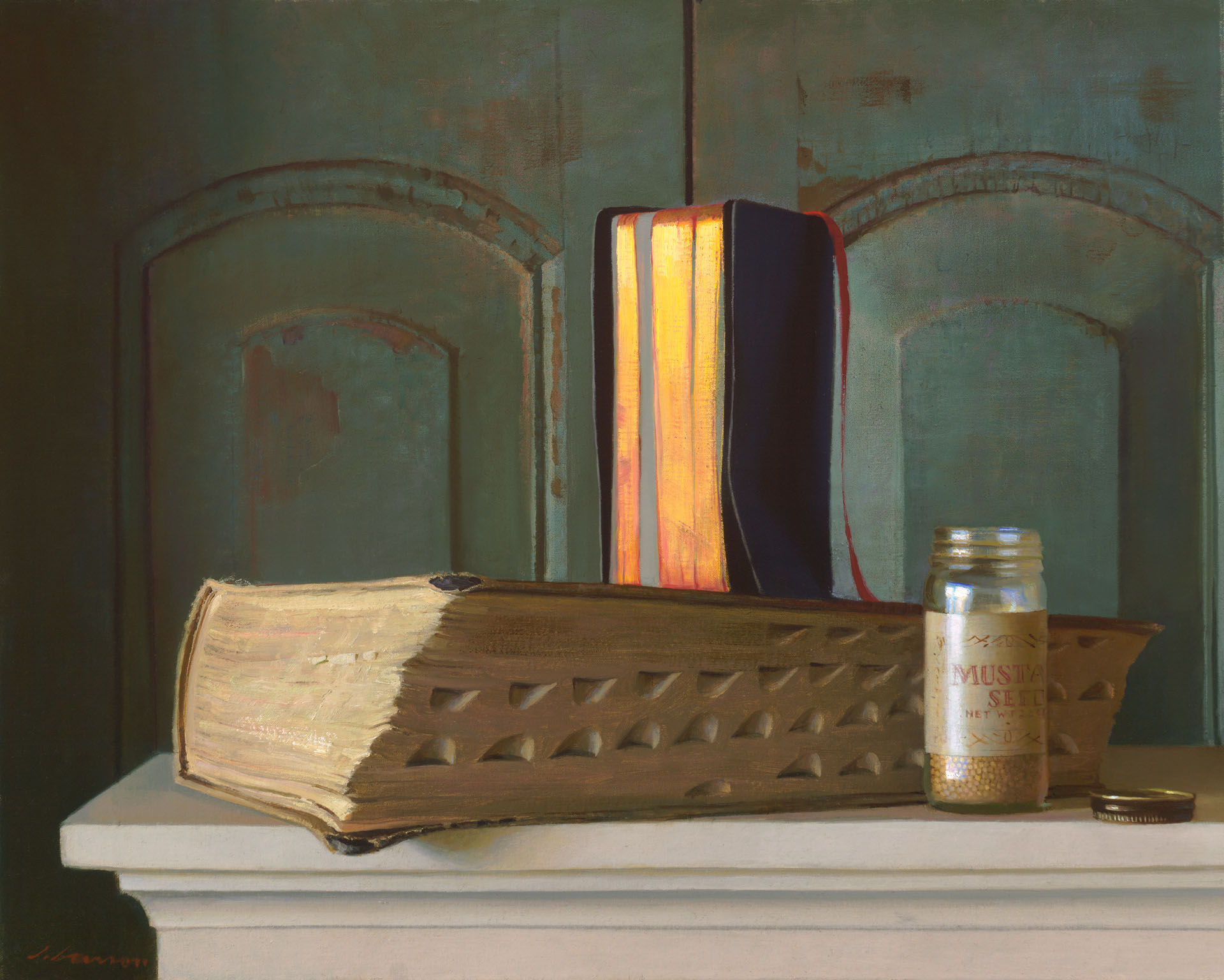 A thick, ornate book with a textured cover rests on a ledge beside a jar labeled "Mustard Seed." Crafted by a Duluth, MN artist, an open vertical book with glowing pages stands behind, casting a warm contrast against the dark, rustic background.