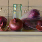 A still life painting by a Duluth MN artist features three red onions, one partially peeled, and a transparent glass jar. The onions rest on a tiled kitchen countertop, with one inside a clear plastic bag.