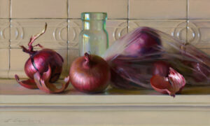 A still life painting by a Duluth MN artist features three red onions, one partially peeled, and a transparent glass jar. The onions rest on a tiled kitchen countertop, with one inside a clear plastic bag.