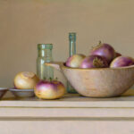 A still life painting by a Duluth, MN artist showcases a bowl filled with turnips, two small bowls, and two glass bottles gracefully set on a beige surface against a light neutral background.