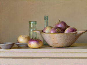 A still life painting by a Duluth, MN artist showcases a bowl filled with turnips, two small bowls, and two glass bottles gracefully set on a beige surface against a light neutral background.