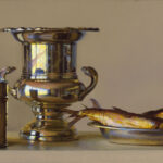 A still life painting by a Duluth MN artist features a shiny metal urn and a small jug on the left. Two fish rest on a silver platter to the right, with reflections highlighting the metal surfaces against a neutral background.