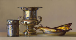 A still life painting by a Duluth MN artist features a shiny metal urn and a small jug on the left. Two fish rest on a silver platter to the right, with reflections highlighting the metal surfaces against a neutral background.