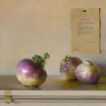 Three turnips with lush green leaves rest on a light surface, while a sheet of paper with printed text is pinned to the beige wall behind them. Soft lighting highlights the Duluth MN artist's portrayal of the turnips' rich purple and white hues.
