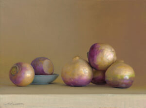 A still life painting by a Duluth MN artist showcases turnips with purple tops and creamy lower halves. Three sit on a light blue bowl on the left, while a cluster of four is piled on the right against a soft, muted background.