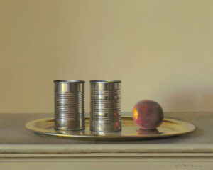 A Duluth MN artist presents a still life painting, showcasing two metal cans and a single peach resting gracefully on a golden tray. The objects harmoniously sit atop a light-colored surface against a soft, neutral background.