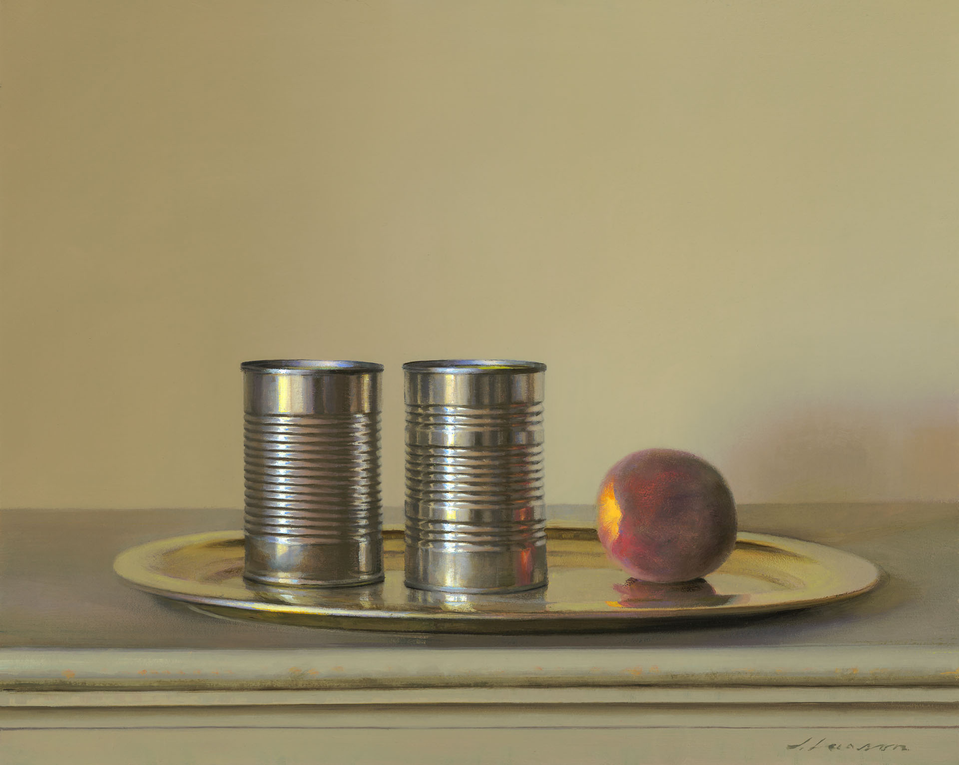 A Duluth MN artist presents a still life painting, showcasing two metal cans and a single peach resting gracefully on a golden tray. The objects harmoniously sit atop a light-colored surface against a soft, neutral background.