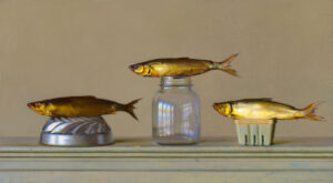 Three fish displayed on a surface: one on a metal object, another atop a glass jar, and the third on a small container. The composition by a Duluth MN artist is set against a plain background, highlighting the fish's details and reflective surfaces.
