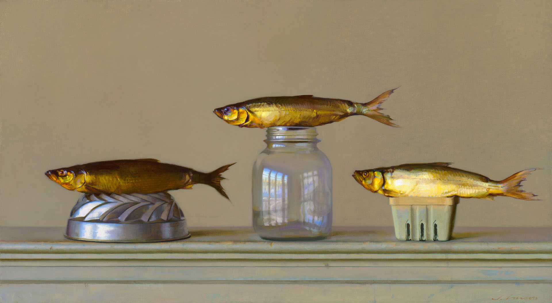 Three fish displayed on a surface: one on a metal object, another atop a glass jar, and the third on a small container. The composition by a Duluth MN artist is set against a plain background, highlighting the fish's details and reflective surfaces.