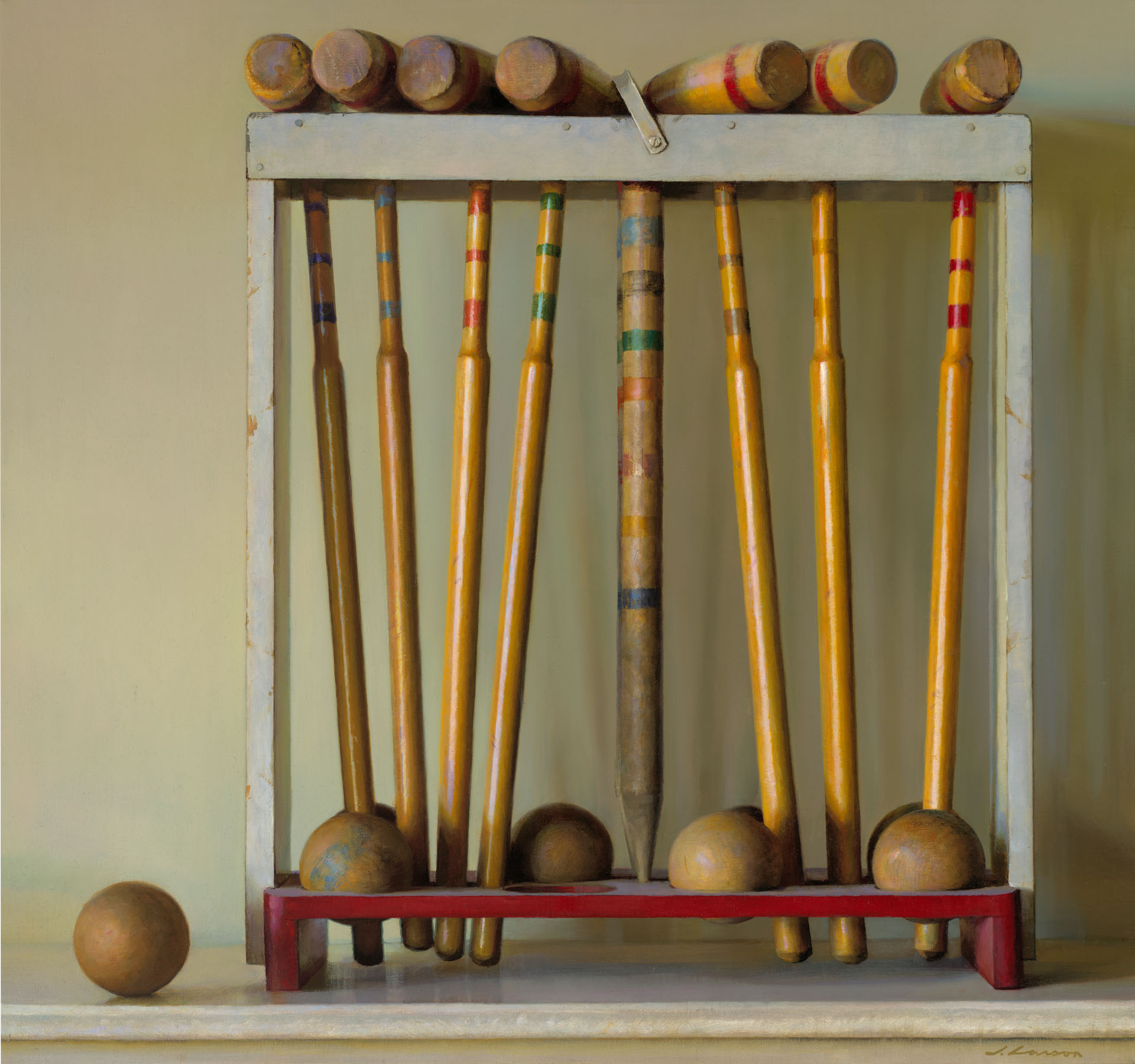 A wooden rack, crafted by a talented Duluth MN artist, holds an assorted set of vintage croquet mallets and balls. The mallets boast colorful stripes, while the frame is painted white. A red base supports the structure against a neutral background.