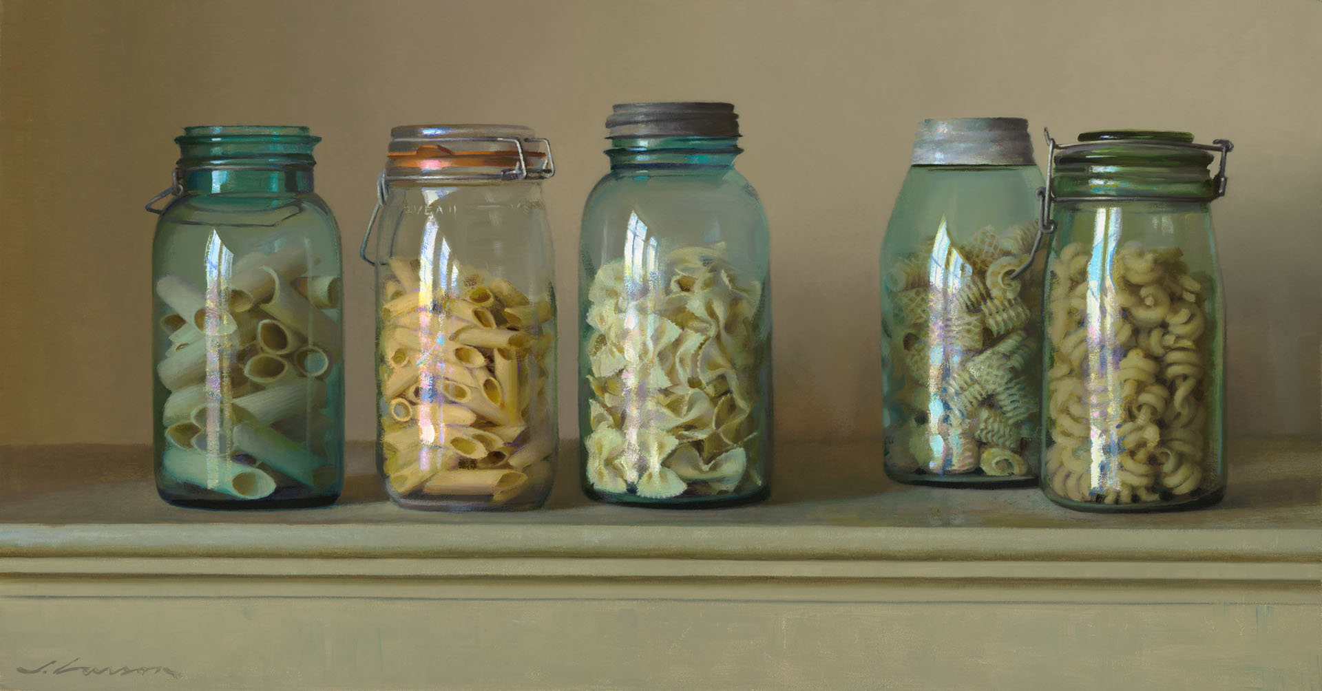 Five glass jars filled with different types of pasta, including rigatoni, ziti, and fusilli, are neatly arranged on a shelf. Created by a Duluth MN artist, each jar boasts a unique lid, from cork to metal clasps. The background is a muted, earthy tone.