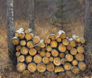 A stack of cut logs is neatly arranged in a forest setting, reminiscent of a Duluth MN artist's tableau. The logs, showing circular patterns at the ends, are placed in front of tall trees and dry grasses. The background is slightly blurred, giving an impression of a cold, quiet forest.