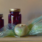 A still life painting by a Duluth, MN artist features two jars of preserved cherries and several onions, some wrapped in a translucent green plastic bag, all thoughtfully arranged on a wooden surface against a soft beige background.