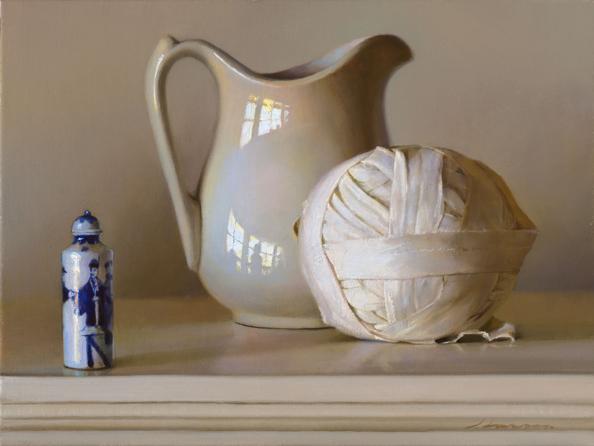 A Duluth MN artist captures a still life scene with a ceramic pitcher alongside a fabric-wrapped ball. To the left, a bottle adorned with blue and white designs adds charm. The objects rest on a light-colored surface against a neutral backdrop, showcasing the artist's keen eye for detail.