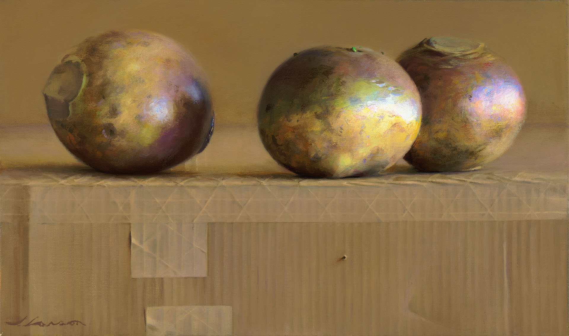 A painting by a Duluth MN artist features three round objects with metallic hues on a textured cardboard surface. The muted yellow background complements the reflective quality of the objects, while shadows and light enhance the scene's dimensionality.