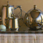 A still life painting by a Duluth MN artist showcases polished metal teapots and a creamer on a tray. Reflections dance on the shiny surfaces while two eggs rest nearby on a checkered cloth, set against a warm beige backdrop.